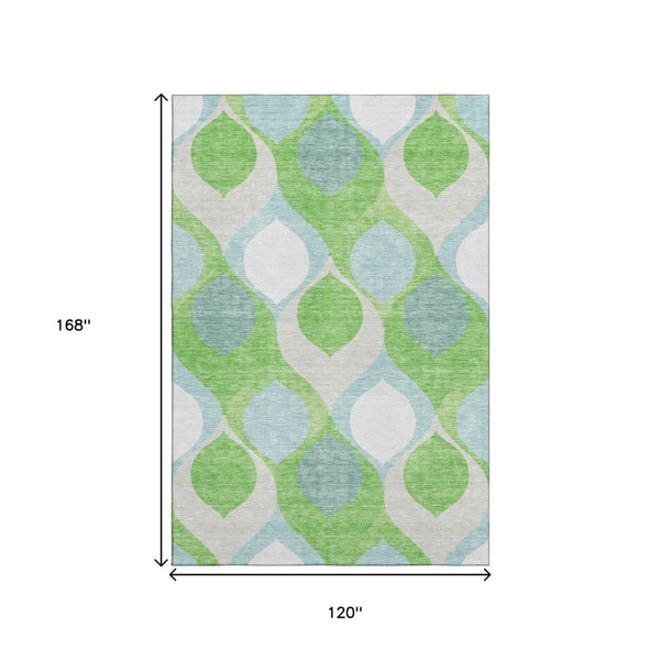 HomeRoots 10' X 14' Vibrant Lime Green, Blue & Ivory Ogee Area Rug - Washable, UV-Protected, Durable Design 663077