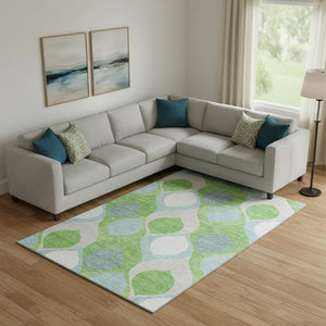 HomeRoots 10' X 14' Vibrant Lime Green, Blue & Ivory Ogee Area Rug - Washable, UV-Protected, Durable Design 663077