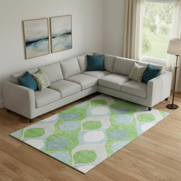 HomeRoots 10' X 14' Vibrant Lime Green, Blue & Ivory Ogee Area Rug - Washable, UV-Protected, Durable Design 663077