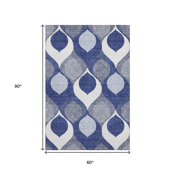 HomeRoots 5' X 8' Transitional Navy Blue Ivory & Gray Ogee Area Rug - Washable, UV Protected & Durable Design 663079