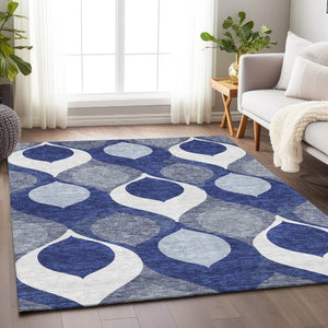 HomeRoots 5' X 8' Transitional Navy Blue Ivory & Gray Ogee Area Rug - Washable, UV Protected & Durable Design 663079