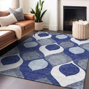 HomeRoots 5' X 8' Transitional Navy Blue Ivory & Gray Ogee Area Rug - Washable, UV Protected & Durable Design 663079