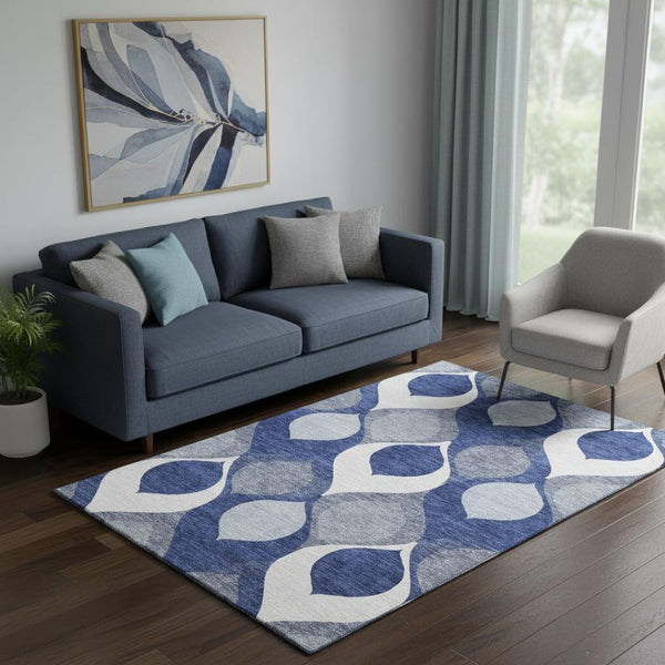 HomeRoots 5' X 8' Transitional Navy Blue Ivory & Gray Ogee Area Rug - Washable, UV Protected & Durable Design 663079