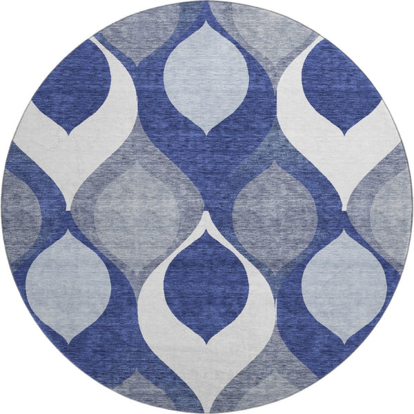 HomeRoots 8' Elegant Navy, Ivory & Gray Ogee Washable Round Rug with UV Protection for Stylish Living Spaces 663080