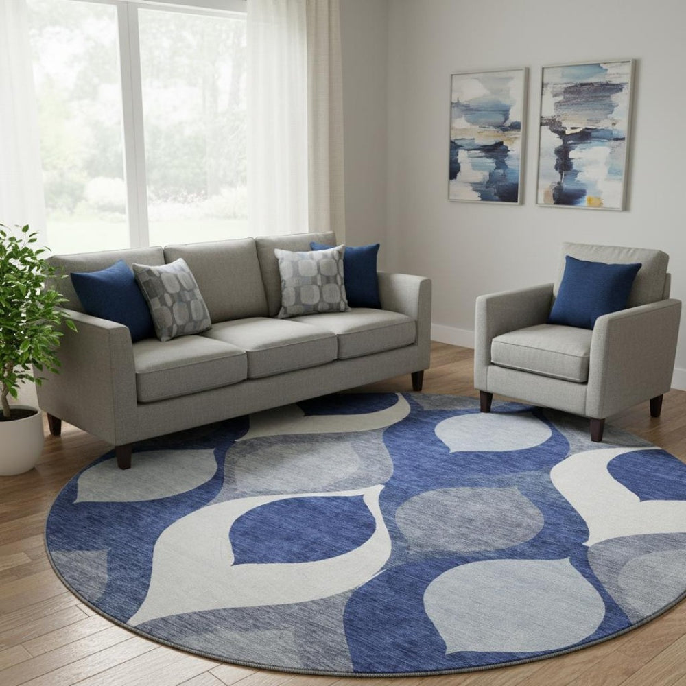 HomeRoots 8' Elegant Navy, Ivory & Gray Ogee Washable Round Rug with UV Protection for Stylish Living Spaces 663080
