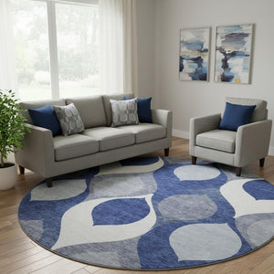 HomeRoots 8' Elegant Navy, Ivory & Gray Ogee Washable Round Rug with UV Protection for Stylish Living Spaces 663080
