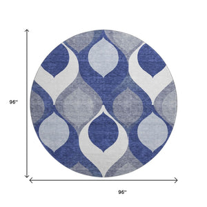 HomeRoots 8' Elegant Navy, Ivory & Gray Ogee Washable Round Rug with UV Protection for Stylish Living Spaces 663080