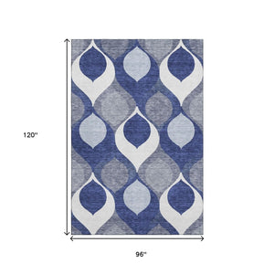 HomeRoots 8' X 10' Navy Blue Ivory Gray Ogee Rug - Washable, UV Protected, Stain Resistant for High-Traffic Areas 663081