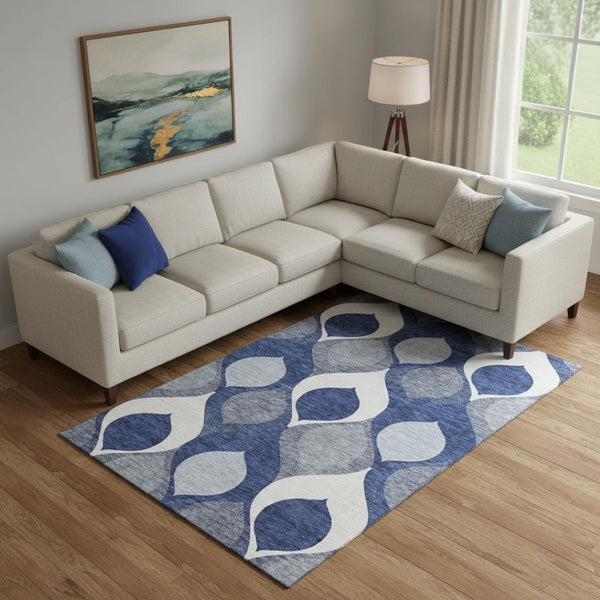 HomeRoots 8' X 10' Navy Blue Ivory Gray Ogee Rug - Washable, UV Protected, Stain Resistant for High-Traffic Areas 663081