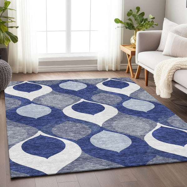 HomeRoots 9' X 12' Navy Blue, Ivory & Gray Ogee Area Rug - Washable, Stain Resistant, UV Protected Design! 663082
