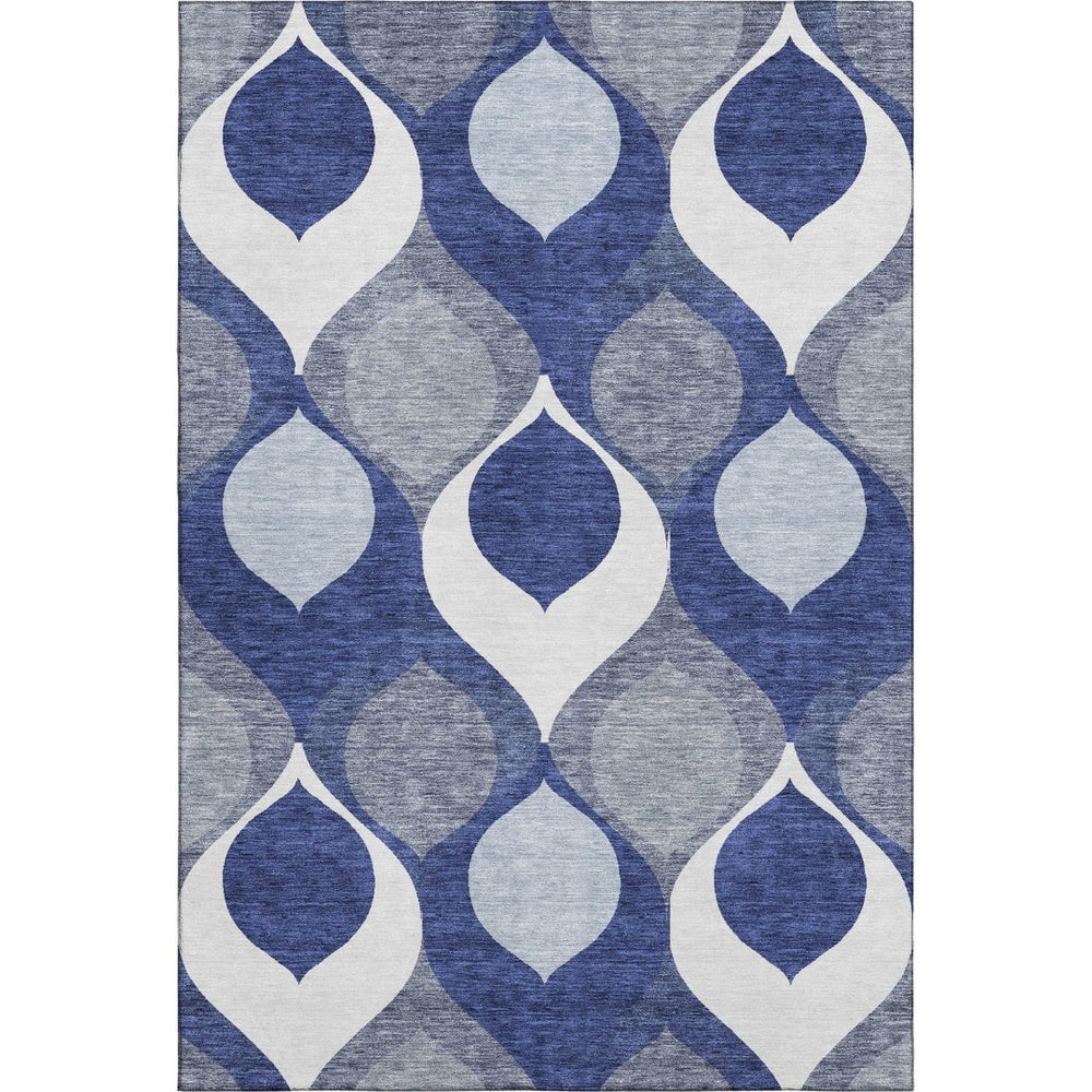 HomeRoots 9' X 12' Navy Blue, Ivory & Gray Ogee Area Rug - Washable, Stain Resistant, UV Protected Design! 663082