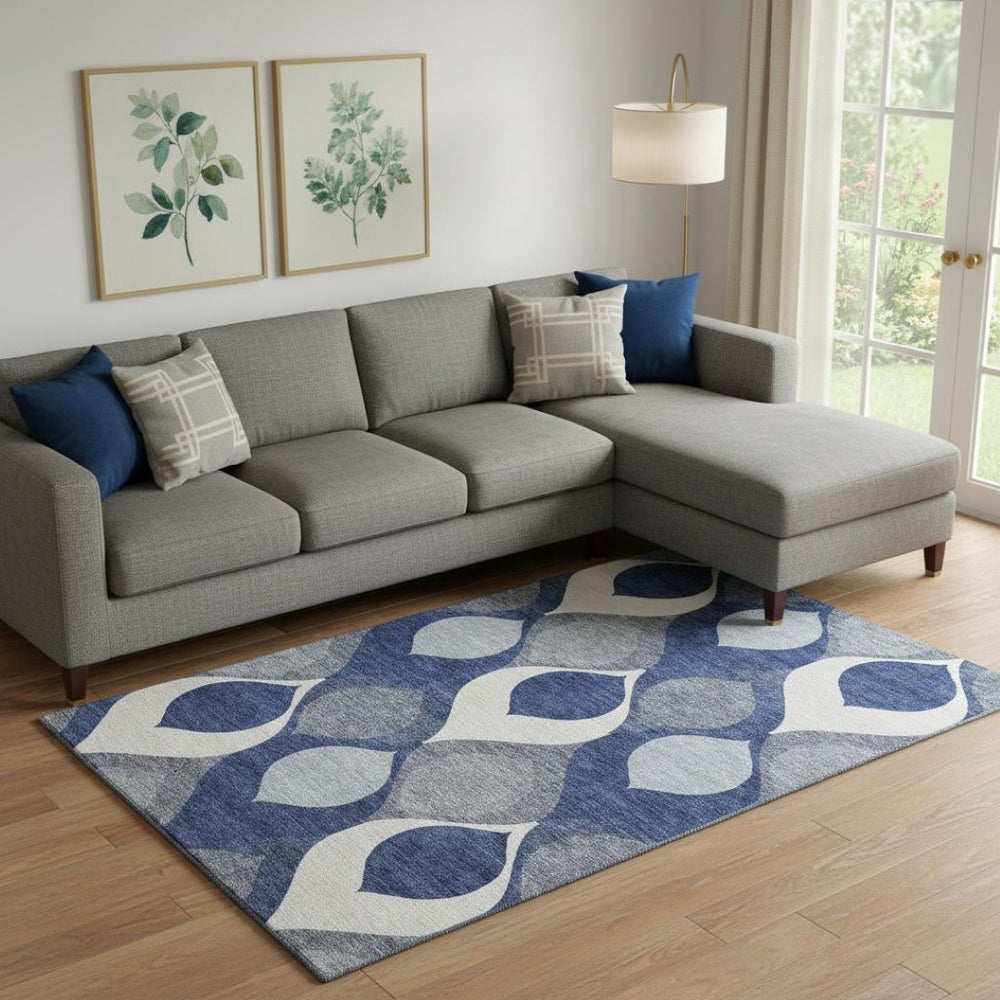 HomeRoots 9' X 12' Navy Blue, Ivory & Gray Ogee Area Rug - Washable, Stain Resistant, UV Protected Design! 663082