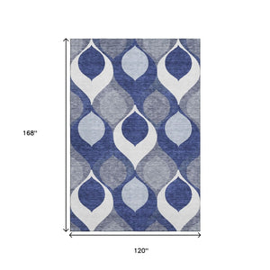 HomeRoots 10' Navy Blue Ivory Gray Ogee Area Rug - Washable, UV-Protected, Stylish & Durable for Indoor/Outdoor Use 663083