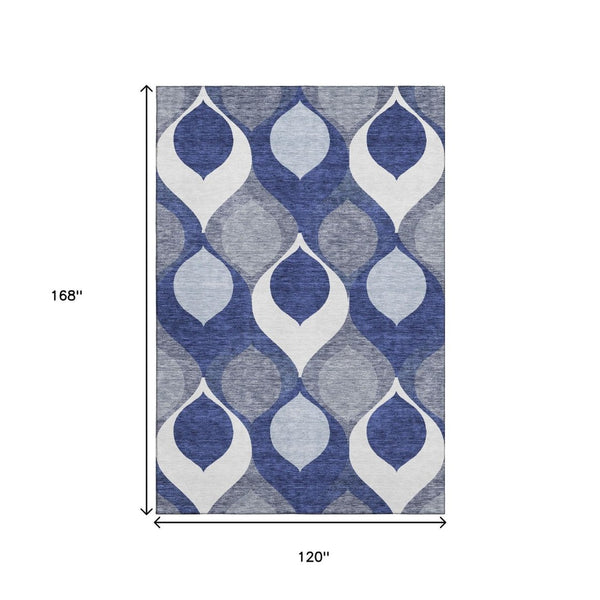 HomeRoots 10' Navy Blue Ivory Gray Ogee Area Rug - Washable, UV-Protected, Stylish & Durable for Indoor/Outdoor Use 663083