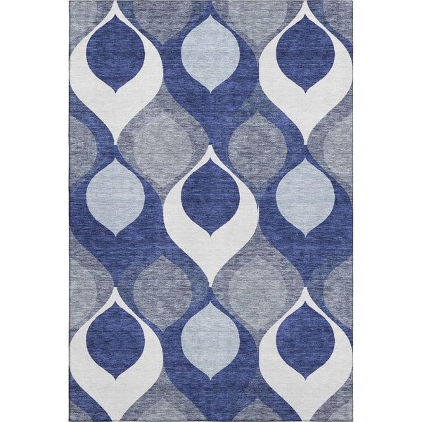 HomeRoots 10' Navy Blue Ivory Gray Ogee Area Rug - Washable, UV-Protected, Stylish & Durable for Indoor/Outdoor Use 663083