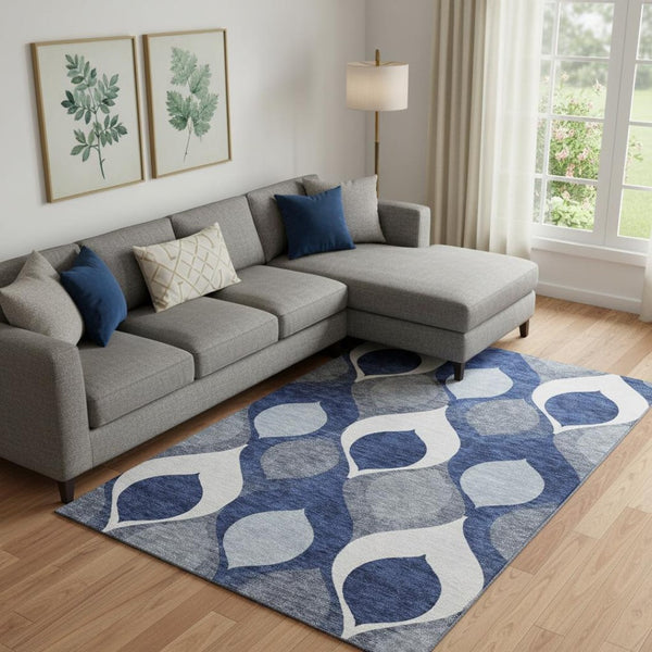 HomeRoots 10' Navy Blue Ivory Gray Ogee Area Rug - Washable, UV-Protected, Stylish & Durable for Indoor/Outdoor Use 663083