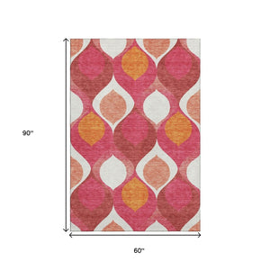 HomeRoots 5' X 8' Washable Ogee Area Rug in Pink, Orange & Ivory – UV Protected, Durable Design for Homes 663085