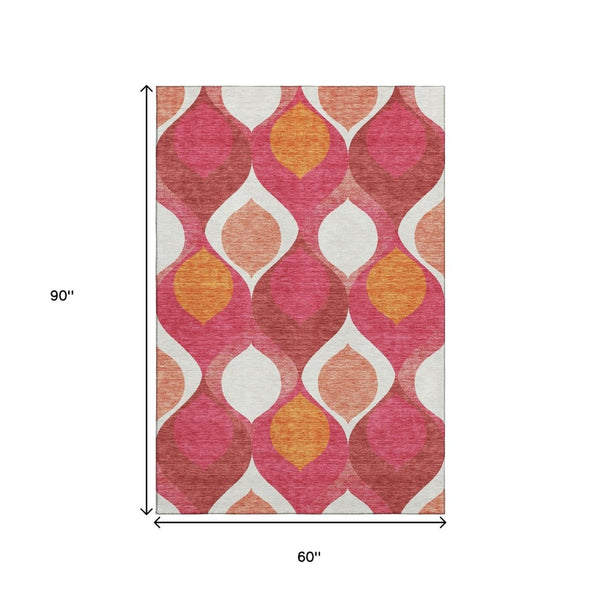 HomeRoots 5' X 8' Washable Ogee Area Rug in Pink, Orange & Ivory – UV Protected, Durable Design for Homes 663085