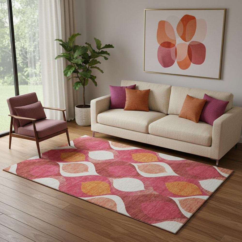 HomeRoots 5' X 8' Washable Ogee Area Rug in Pink, Orange & Ivory – UV Protected, Durable Design for Homes 663085