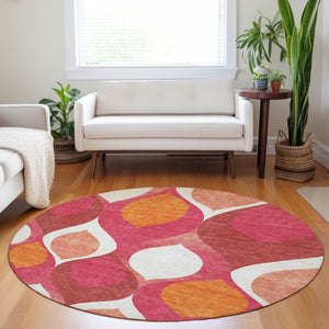 HomeRoots 8' Vibrant Ogee Round Rug in Pink, Orange & Ivory - Washable, UV-Protected, Stain-Resistant Design 663086