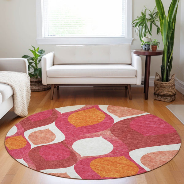 HomeRoots 8' Vibrant Ogee Round Rug in Pink, Orange & Ivory - Washable, UV-Protected, Stain-Resistant Design 663086