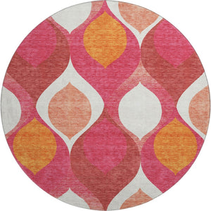 HomeRoots 8' Vibrant Ogee Round Rug in Pink, Orange & Ivory - Washable, UV-Protected, Stain-Resistant Design 663086