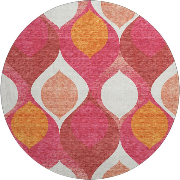 HomeRoots 8' Vibrant Ogee Round Rug in Pink, Orange & Ivory - Washable, UV-Protected, Stain-Resistant Design 663086