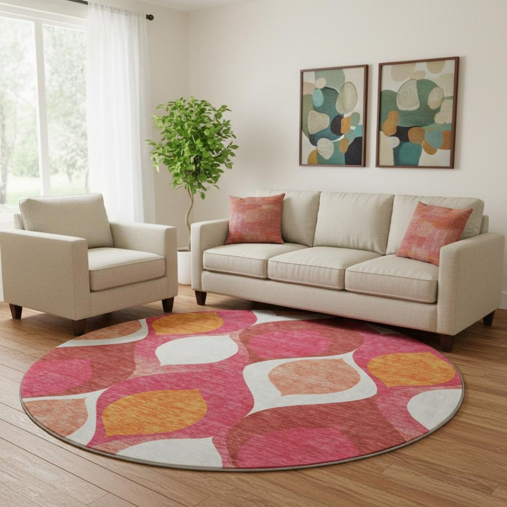 HomeRoots 8' Vibrant Ogee Round Rug in Pink, Orange & Ivory - Washable, UV-Protected, Stain-Resistant Design 663086