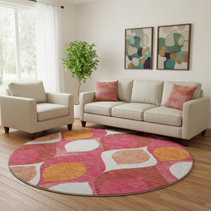 HomeRoots 8' Vibrant Ogee Round Rug in Pink, Orange & Ivory - Washable, UV-Protected, Stain-Resistant Design 663086