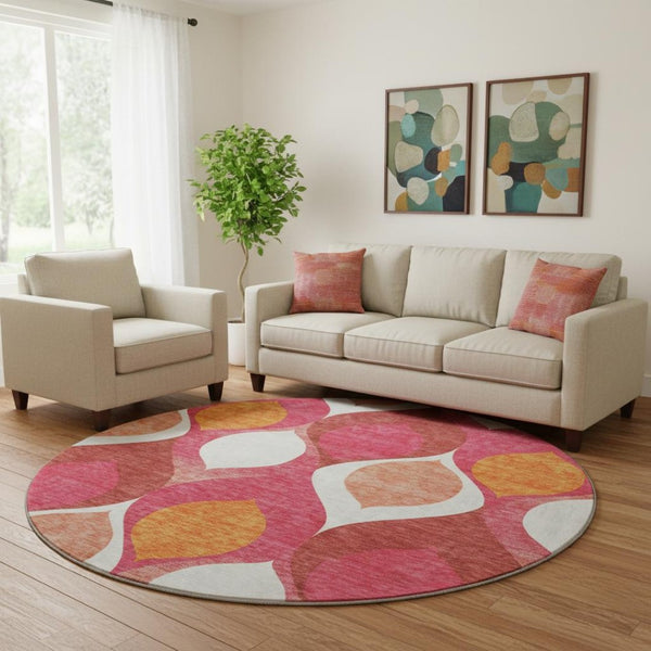 HomeRoots 8' Vibrant Ogee Round Rug in Pink, Orange & Ivory - Washable, UV-Protected, Stain-Resistant Design 663086