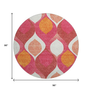 HomeRoots 8' Vibrant Ogee Round Rug in Pink, Orange & Ivory - Washable, UV-Protected, Stain-Resistant Design 663086