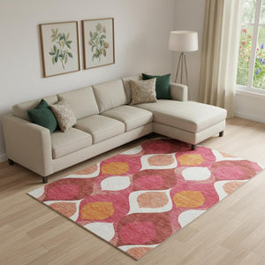 HomeRoots 8' Washable Ogee Area Rug in Pink, Orange & Ivory - Durable, UV-Protected & Easy-Care Design! 663087