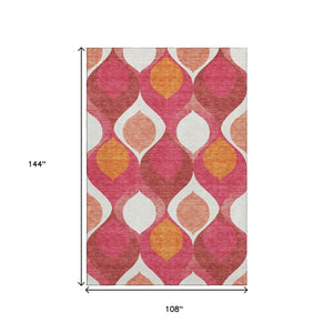 HomeRoots 9' Ogee Washable Area Rug in Pink, Orange & Ivory - UV Resistant, Stain-Repellent, Easy Care Design! 663088