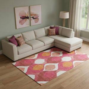 HomeRoots 9' Ogee Washable Area Rug in Pink, Orange & Ivory - UV Resistant, Stain-Repellent, Easy Care Design! 663088