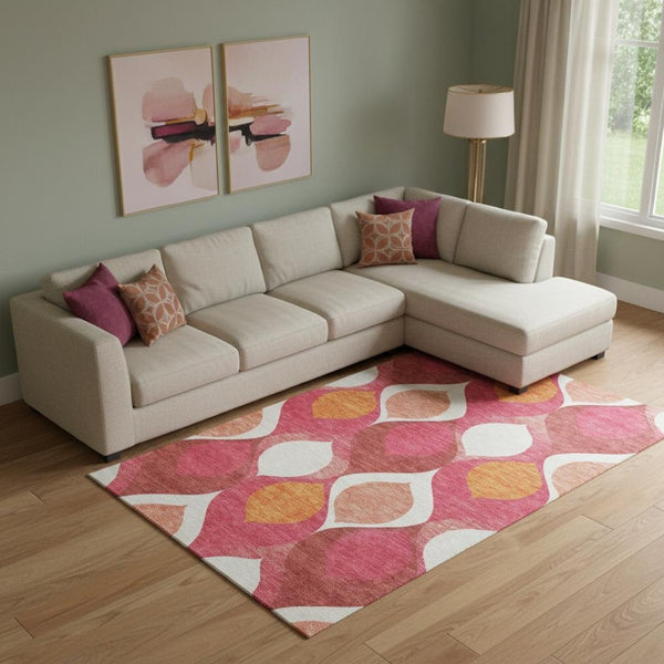 HomeRoots 9' Ogee Washable Area Rug in Pink, Orange & Ivory - UV Resistant, Stain-Repellent, Easy Care Design! 663088