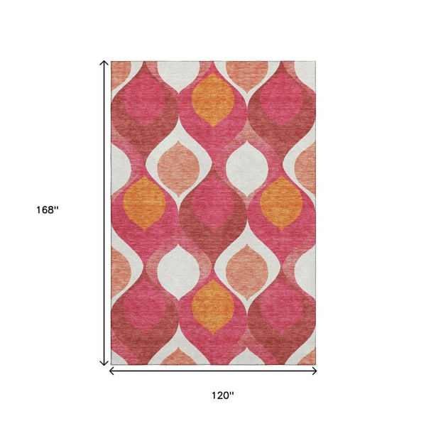 HomeRoots 10' Ogee Washable Area Rug in Pink, Orange & Ivory – UV Protected, Stain Resistant, Easy Care! 663089