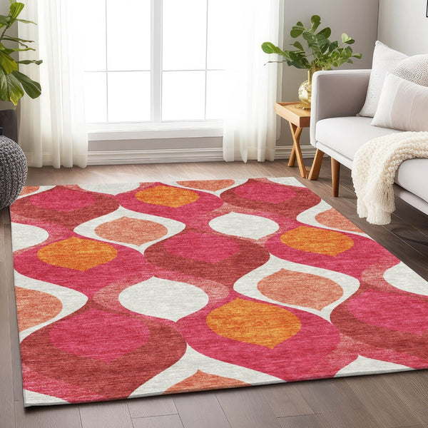 HomeRoots 10' Ogee Washable Area Rug in Pink, Orange & Ivory – UV Protected, Stain Resistant, Easy Care! 663089