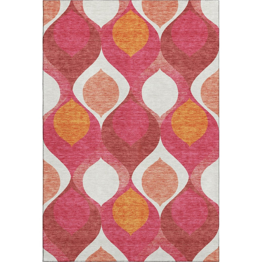 HomeRoots 10' Ogee Washable Area Rug in Pink, Orange & Ivory – UV Protected, Stain Resistant, Easy Care! 663089