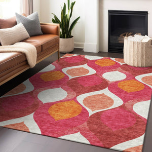 HomeRoots 10' Ogee Washable Area Rug in Pink, Orange & Ivory – UV Protected, Stain Resistant, Easy Care! 663089