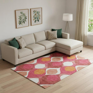 HomeRoots 10' Ogee Washable Area Rug in Pink, Orange & Ivory – UV Protected, Stain Resistant, Easy Care! 663089