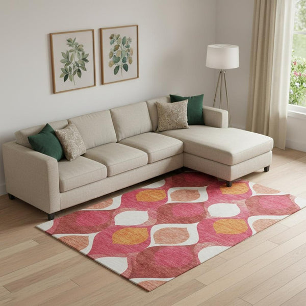 HomeRoots 10' Ogee Washable Area Rug in Pink, Orange & Ivory – UV Protected, Stain Resistant, Easy Care! 663089