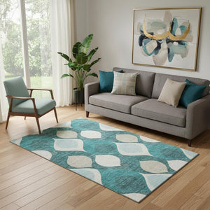 HomeRoots 5' Ogee Area Rug in Teal & Ivory – Washable, UV Protected, Durable, Ideal for Homes with Pets & Kids 663097