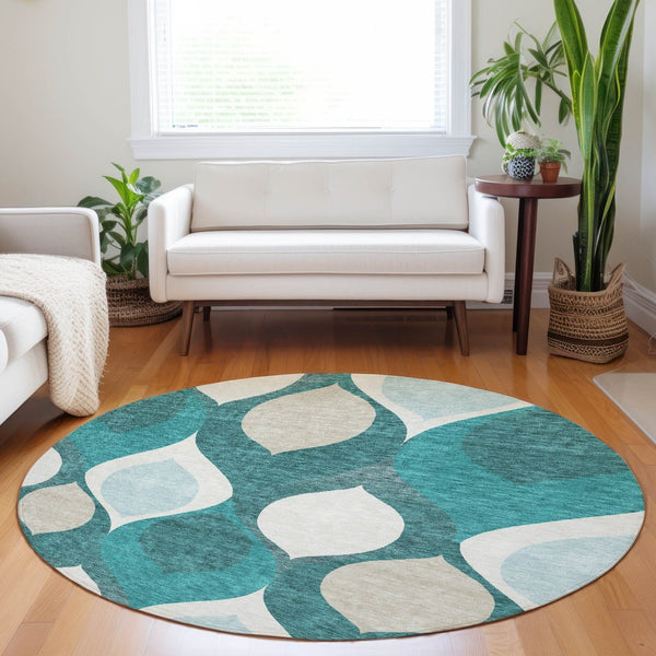 HomeRoots 8' Teal and Ivory Ogee Round Rug - Washable, UV Protected, Stylish & Durable for High-Traffic Areas 663098