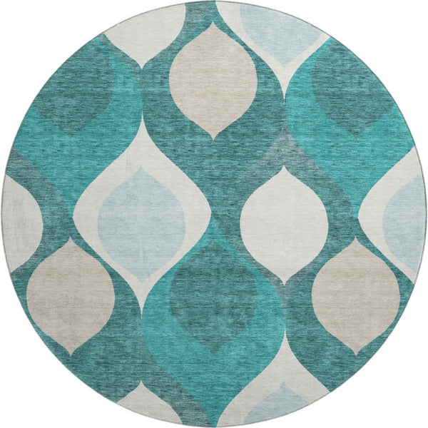 HomeRoots 8' Teal and Ivory Ogee Round Rug - Washable, UV Protected, Stylish & Durable for High-Traffic Areas 663098