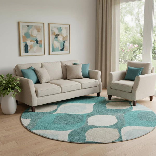 HomeRoots 8' Teal and Ivory Ogee Round Rug - Washable, UV Protected, Stylish & Durable for High-Traffic Areas 663098