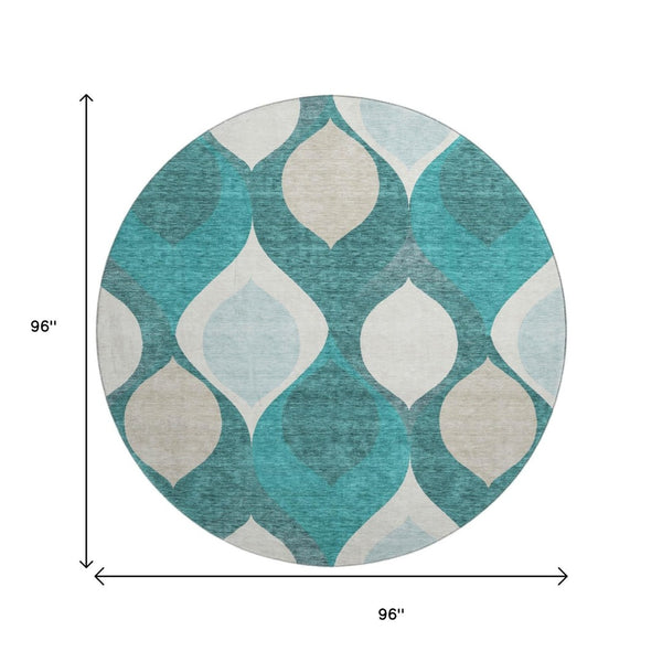HomeRoots 8' Teal and Ivory Ogee Round Rug - Washable, UV Protected, Stylish & Durable for High-Traffic Areas 663098