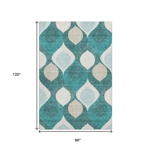 HomeRoots 8' X 10' Teal and Ivory Ogee Area Rug - Washable, Stain-Resistant, UV Protected for High-Traffic Homes 663099