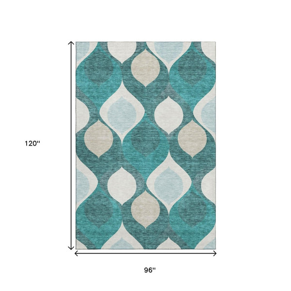 HomeRoots 8' X 10' Teal and Ivory Ogee Area Rug - Washable, Stain-Resistant, UV Protected for High-Traffic Homes 663099