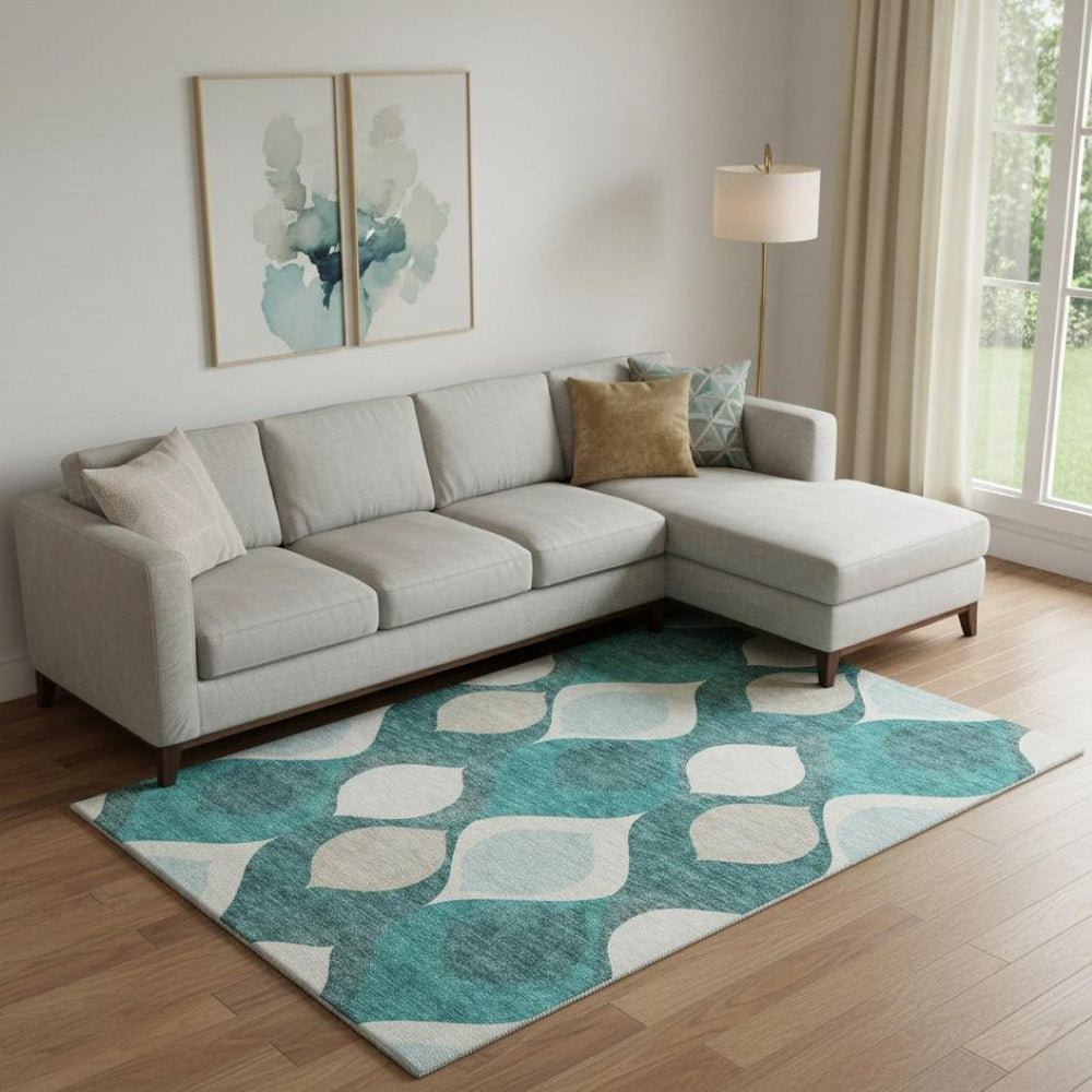 HomeRoots 8' X 10' Teal and Ivory Ogee Area Rug - Washable, Stain-Resistant, UV Protected for High-Traffic Homes 663099