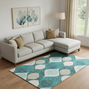 HomeRoots 9' X 12' Teal And Ivory Ogee Area Rug – Stylish, Washable, Stain-Resistant & UV-Protected Design 663100
